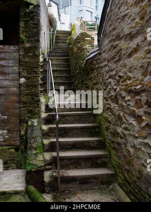 Steep steps between houses, Polruan, Cornwall, UK Stock Photo