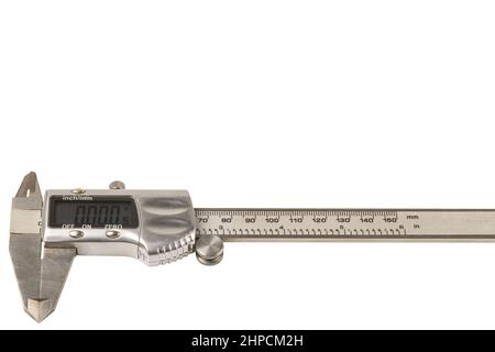 Close up view of electronic callipers isolated on white background. Sweden. Stock Photo