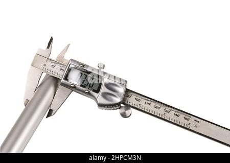 Close up view of measuring an aluminum pipe with an electronic calipers isolated on white background. Sweden. Stock Photo