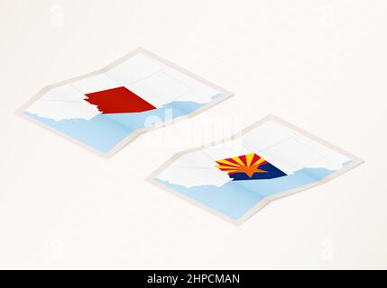 Two versions of a folded map of Arizona with the flag of the country of Arizona and with the red color highlighted. Set of isometric vector maps. Stock Vector