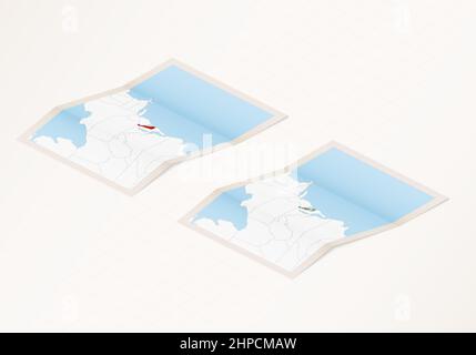 Two versions of a folded map of Delaware with the flag of the country of Delaware and with the red color highlighted. Set of isometric vector maps. Stock Vector