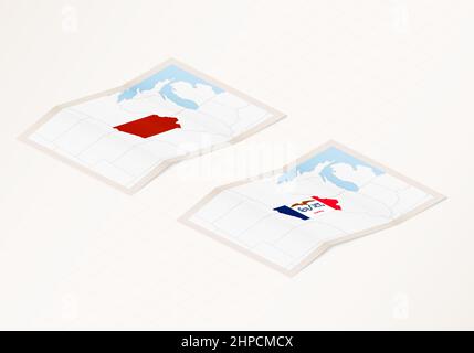 Two versions of a folded map of Iowa with the flag of the country of Iowa and with the red color highlighted. Set of isometric vector maps. Stock Vector