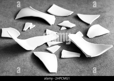 Splinters and Fragments of the broken white ware. Broken Plate, glass.  Pieces of shattered dishes. close-up, side view Stock Photo