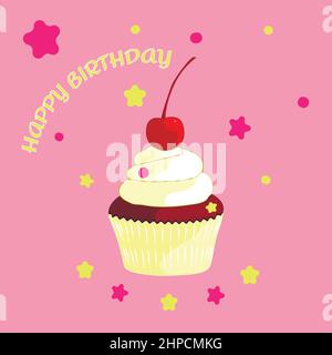 Cupcake with cream and cherry. Birthday. Holiday Greeting Card Vector Stock Vector