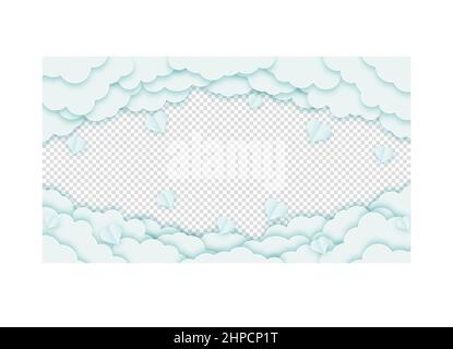 Concept love greeting card. Clouds or nubes and hearts on a transparent background. Vector illustration. Happy Valentine's Day or Woman's Day. Stock Vector