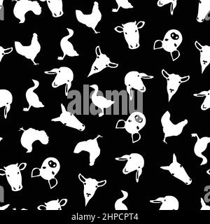 Farm animals black and white seamless pattern. Cute farm characters ...