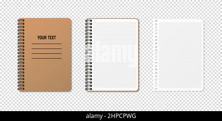 Vertical spiral spring notepad with space for your image or text on transparent background in three variations. Checkered sheet. Notebook vector clipa Stock Vector