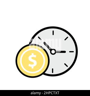Clock and coin. Dollar icon. Vector flat icon on white background. Concept of time, time management, successful business Stock Vector