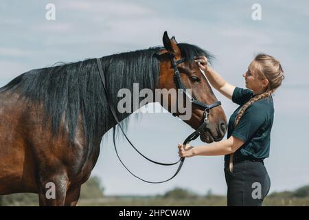 Smiling Caucasian woman touching horse forehead with hand in outdoors. Stock Photo