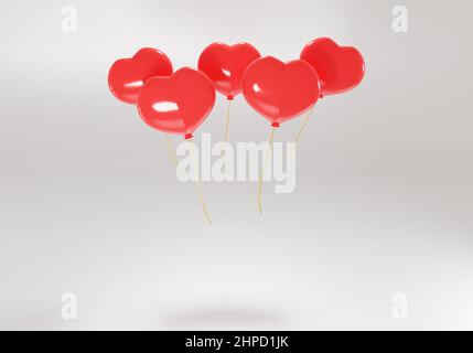 3d red balloons in the shape of a heart on a white background. Festive congratulatory concert. 3d realistic illustration. Stock Photo