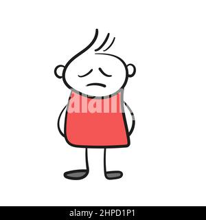 Doodle hand drawn vector illustration. Drawing illustration of simple non gender cartoon person with sad emotion on white background Stock Vector