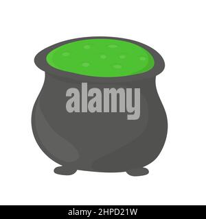 Vector witch pot with green poison illustration on white. Cartoon simple element Stock Vector