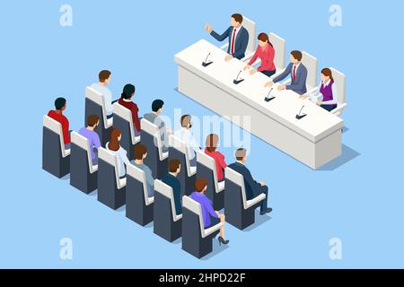 Isometric stand for press conference with microphones, equipped place for the speaker in front of journalists. Audience listens to the lecturer at the Stock Vector