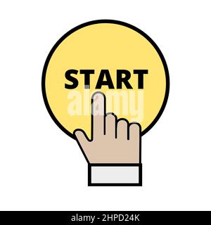 Businessman hand pressing yellow start button, just get started concept. Simple flat icon on white background Stock Vector
