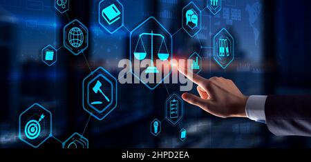Law. Businessman on abstract blurred background using law protection right. Stock Photo