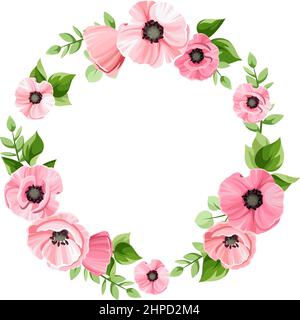 Vector floral wreath with pink poppy flowers and green leaves. Floral circle frame. Greeting or invitation card design. Stock Vector