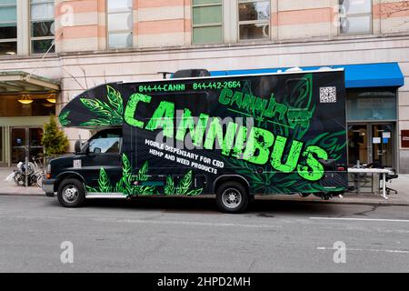 Cannibus, a mobile dispensary for CBD, hemp, pot and marijuana products, parked on the Upper West Side of Manhattan, New York, a new service serving t Stock Photo