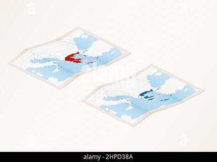 Two versions of a folded map of Greece with the flag of the country of Greece and with the red color highlighted. Set of isometric vector maps. Stock Vector