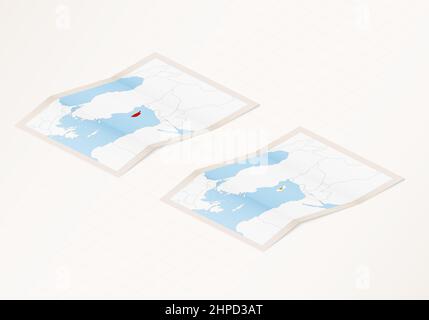 Two versions of a folded map of Cyprus with the flag of the country of Cyprus and with the red color highlighted. Set of isometric vector maps. Stock Vector