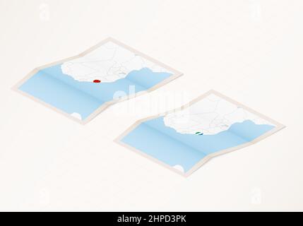 Two versions of a folded map of Sierra Leone with the flag of the country of Sierra Leone and with the red color highlighted. Set of isometric vector Stock Vector