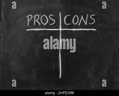Pros contra cons concept. Empty list on chalkboard background, for decision making at business, school. Analysis and comparison between negative posit Stock Photo