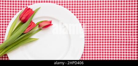 Spring holiday table setting. Fresh red tulip flower decoration on white plate, checkered tablecloth, top view Stock Photo