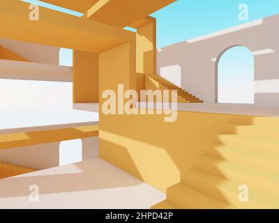 Abstract blank yellow white interior background with stairways and empty arch doorways, 3d rendering illustration Stock Photo