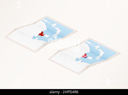 Two versions of a folded map of North Korea with the flag of the country of North Korea and with the red color highlighted. Set of isometric vector ma Stock Vector