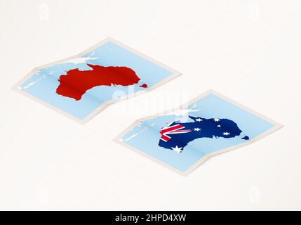 Two versions of a folded map of Australia with the flag of the country of Australia and with the red color highlighted. Set of isometric vector maps. Stock Vector