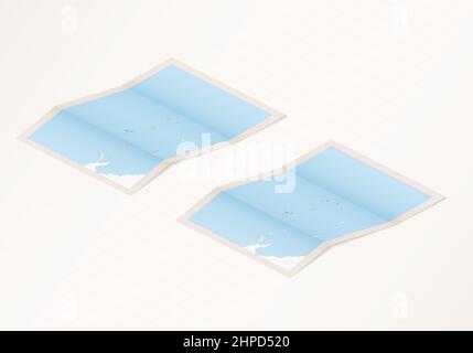 Two versions of a folded map of Kiribati with the flag of the country of Kiribati and with the red color highlighted. Set of isometric vector maps. Stock Vector