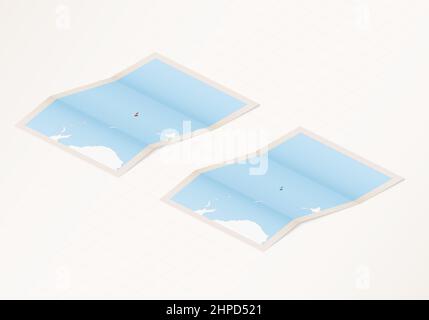 Two versions of a folded map of Fiji with the flag of the country of Fiji and with the red color highlighted. Set of isometric vector maps. Stock Vector