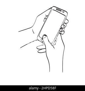 line art mockup hand holding smartphone with blank screen illustration vector hand drawn isolated on white background Stock Vector