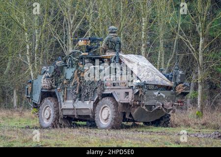 British army Supacat Jackal 4x4 rapid assault, fire support and reconnaissance vehicles on a military battle training exercise, Wiltshire UK Stock Photo