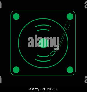 Gramophone record player glowing black green outline icon Stock Vector