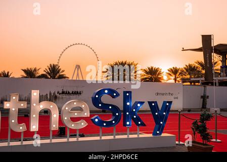 Dinner in the sky restaurant in front of Iconic Dubai Marina district. Stock Photo