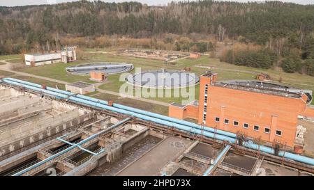 Wastewater Treatment Plant Aerial view Of Sewage Decontamination Process Stock Photo