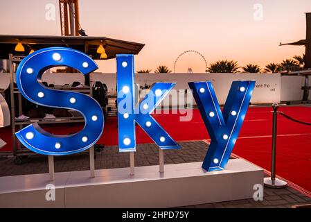 Dinner in the sky restaurant in front of Iconic Dubai Marina district. Stock Photo