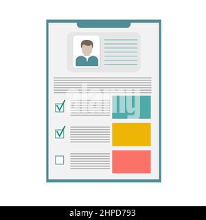 Documents with personal data vector illustration, flat cartoon paper document with user profile data and man photo, concept of interview job Stock Vector