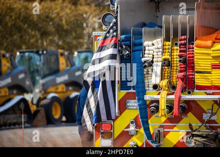 Patriotic american flag on firetruck close up outdoors Stock Photo