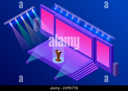 Isometric stand for press conference with microphones, equipped place for the speaker in front of journalists. Stock Vector