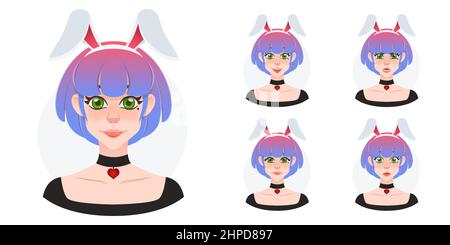 Pretty young woman cartoon avatar collection. Short hair beauty with rabbit ears acessory expressions set. Girl in wonderland. Gradient hairstyle Stock Vector