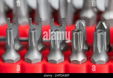 Closeup of steel secure torx or pozidrive screwing bits in red plastic holder. Varied sized metal star screwdrivers set with hole and hexagonal shank. Stock Photo