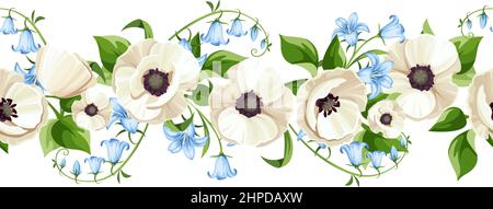 Horizontal seamless border with white poppy flowers, blue bluebell flowers, and green leaves. Vector illustration Stock Vector