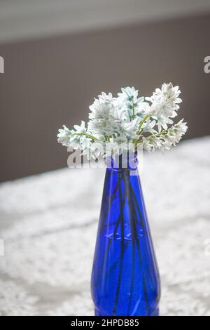Siberian squill flowers in a blue bottle vase Stock Photo