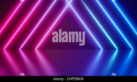 Neon Background Abstract Blue And Pink with Light Shapes triangle on colorful and reflective floor, party and concert concept. Stock Photo