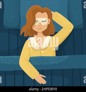 Vector illustration of a girl sleeping in bed with a blindfold. Stock Vector