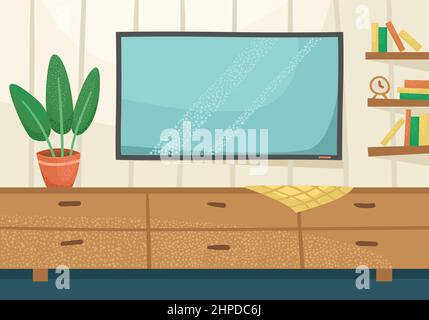 Vector illustration of the interior of a living room with a TV, a chest and a potted plant. Stock Vector