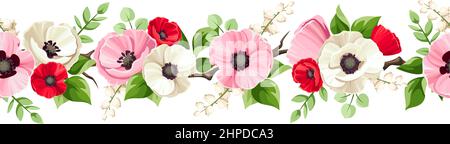 Horizontal seamless border with red, pink, and white poppy and lily of the valley flowers and green leaves. Vector illustration Stock Vector
