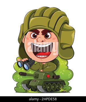 Tankman cartoon character. Happy Defender of the Fatherland day. Soldier on tank cartoon character. Vector illustration on white background Stock Vector