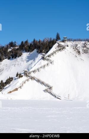 Winter landscape of the Montmorency Falls national park of the Sepaq (Beauport, Quebec city, Quebec, Canada). Stock Photo